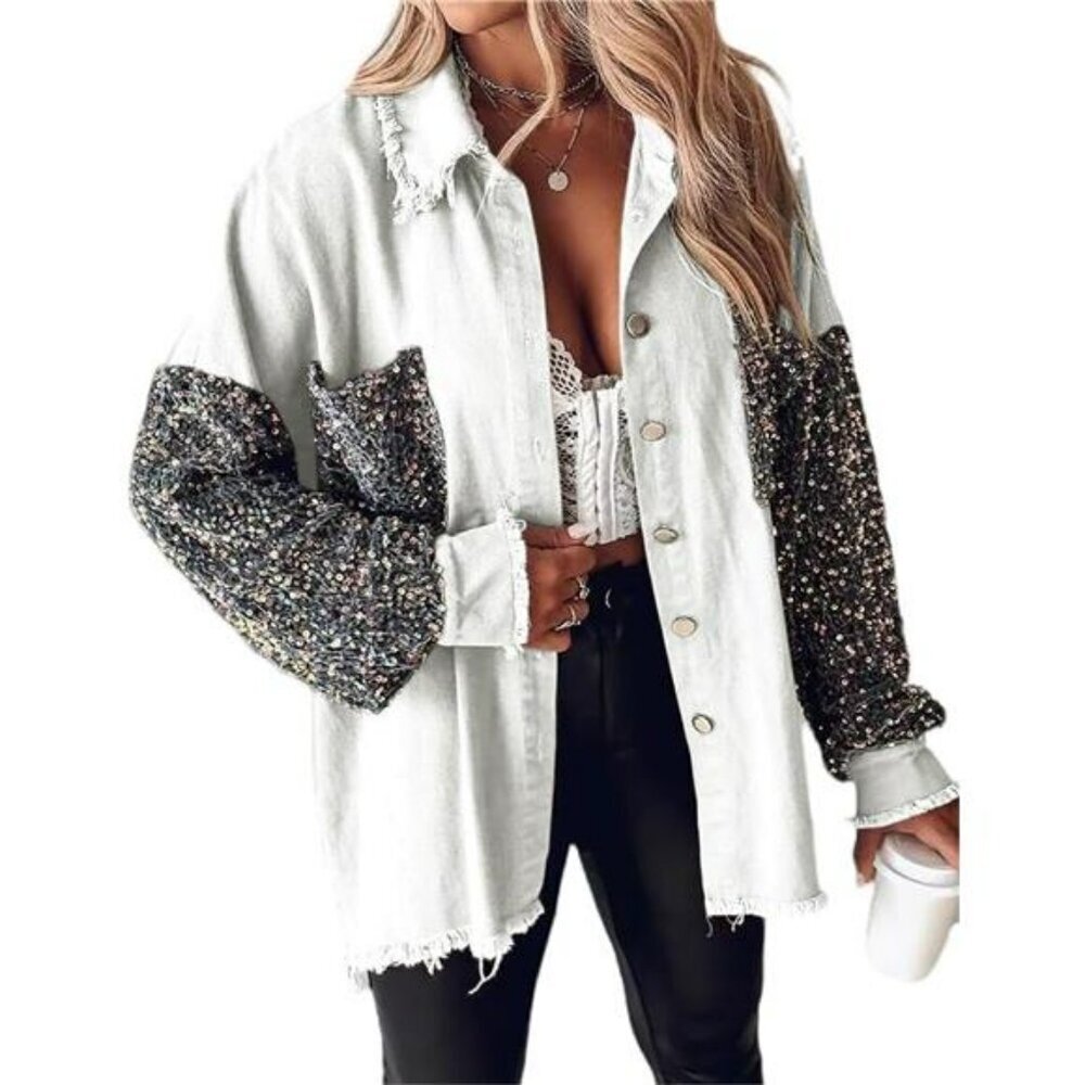 Sequin Patchwork Oversized Denim Shacket Long Sle… - image 1